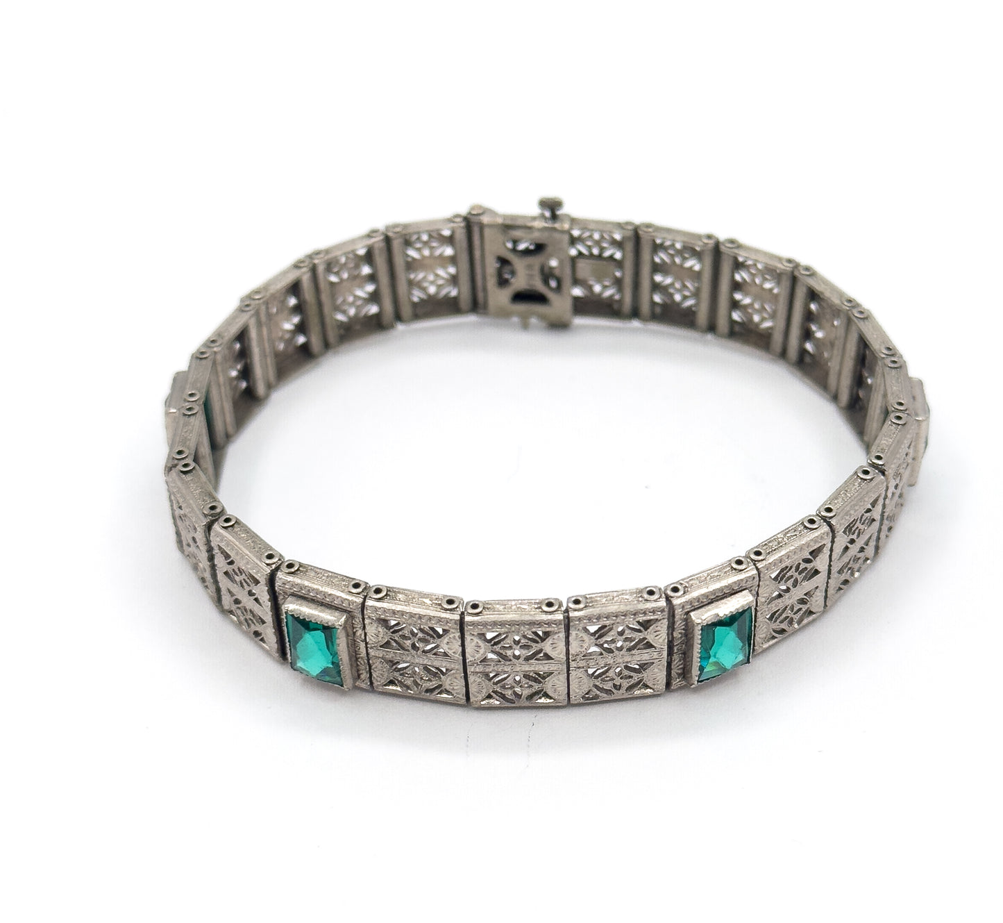 Art Deco Green Glass Filigree Bracelet in White Metal