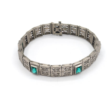 Art Deco Green Glass Filigree Bracelet in White Metal