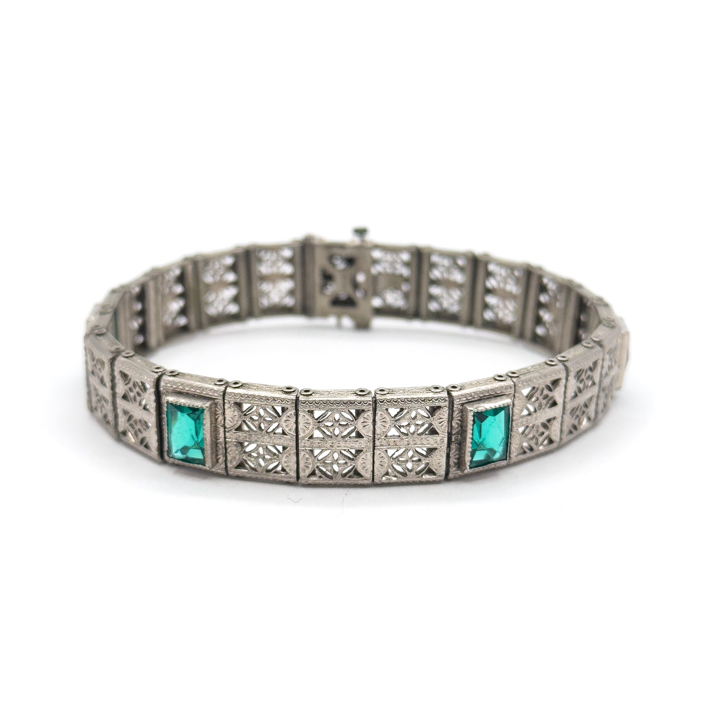 Art Deco Green Glass Filigree Bracelet in White Metal