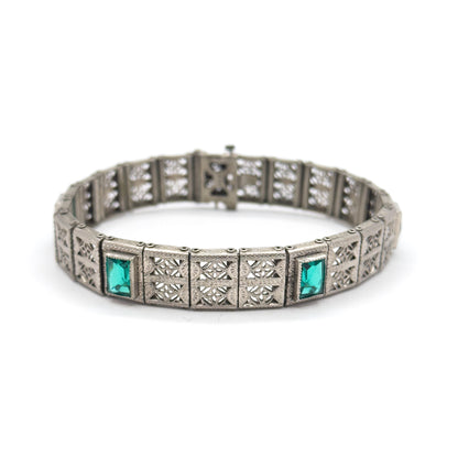 Art Deco Green Glass Filigree Bracelet in White Metal