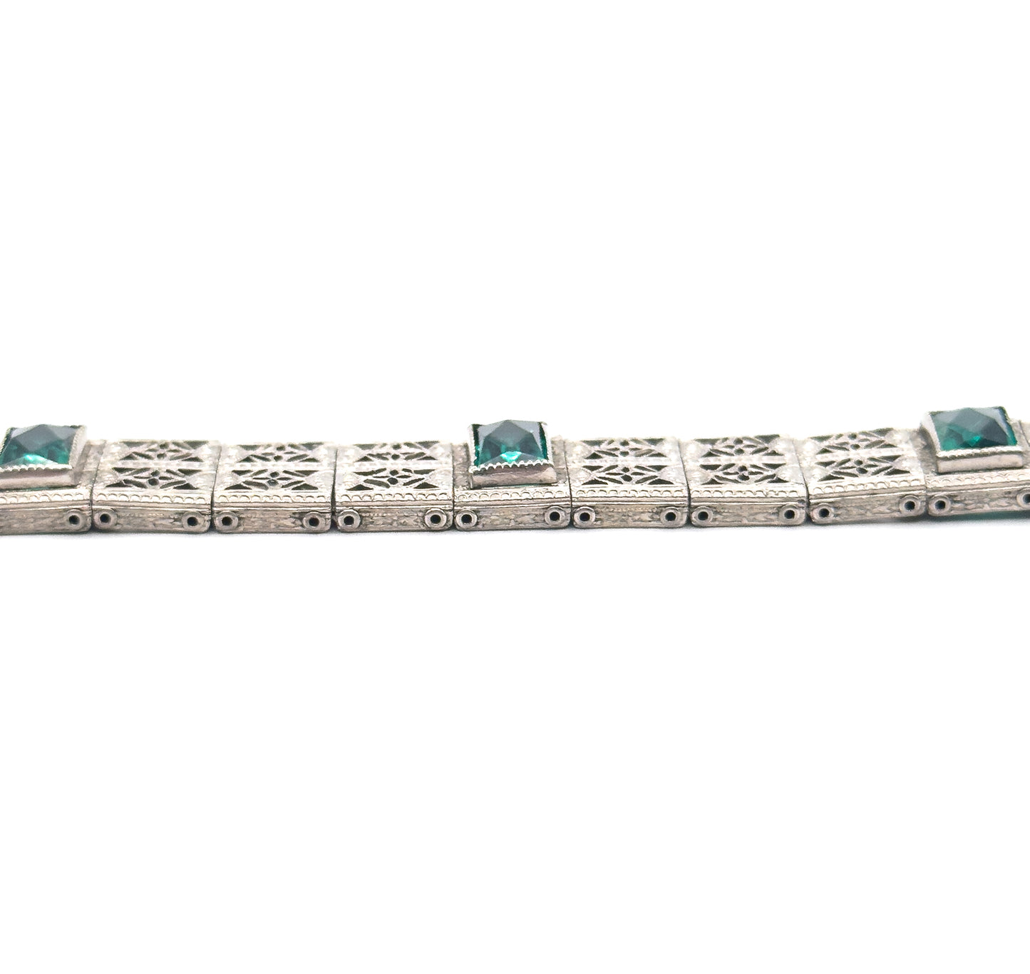Art Deco Green Glass Filigree Bracelet in White Metal