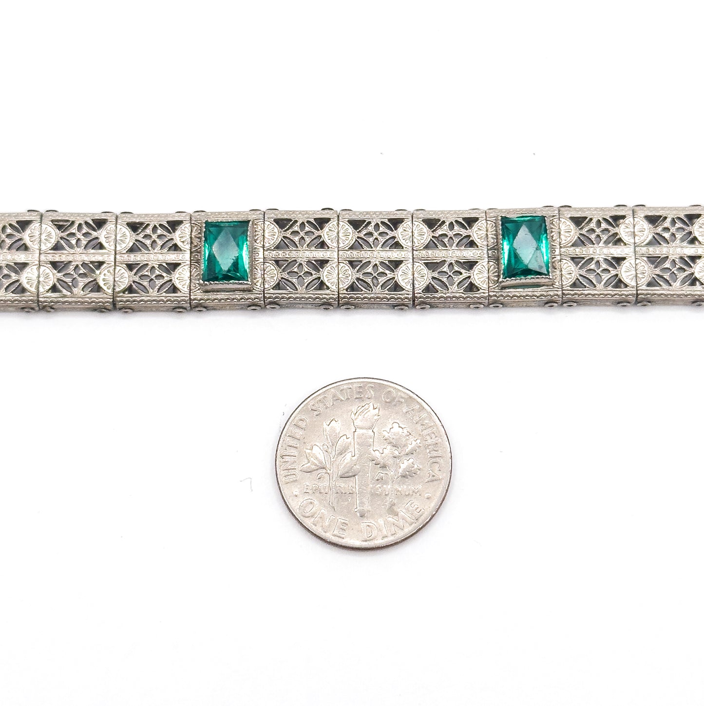 Art Deco Green Glass Filigree Bracelet in White Metal