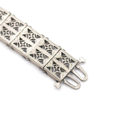 Art Deco Green Glass Filigree Bracelet in White Metal