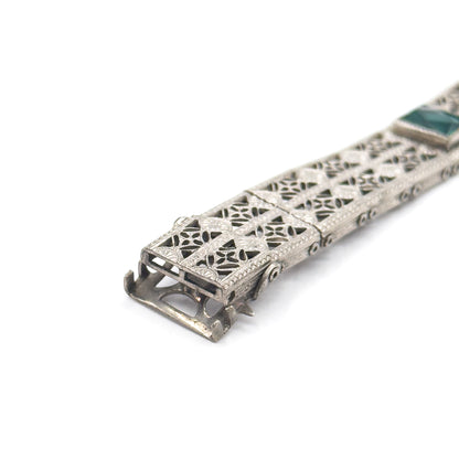 Art Deco Green Glass Filigree Bracelet in White Metal