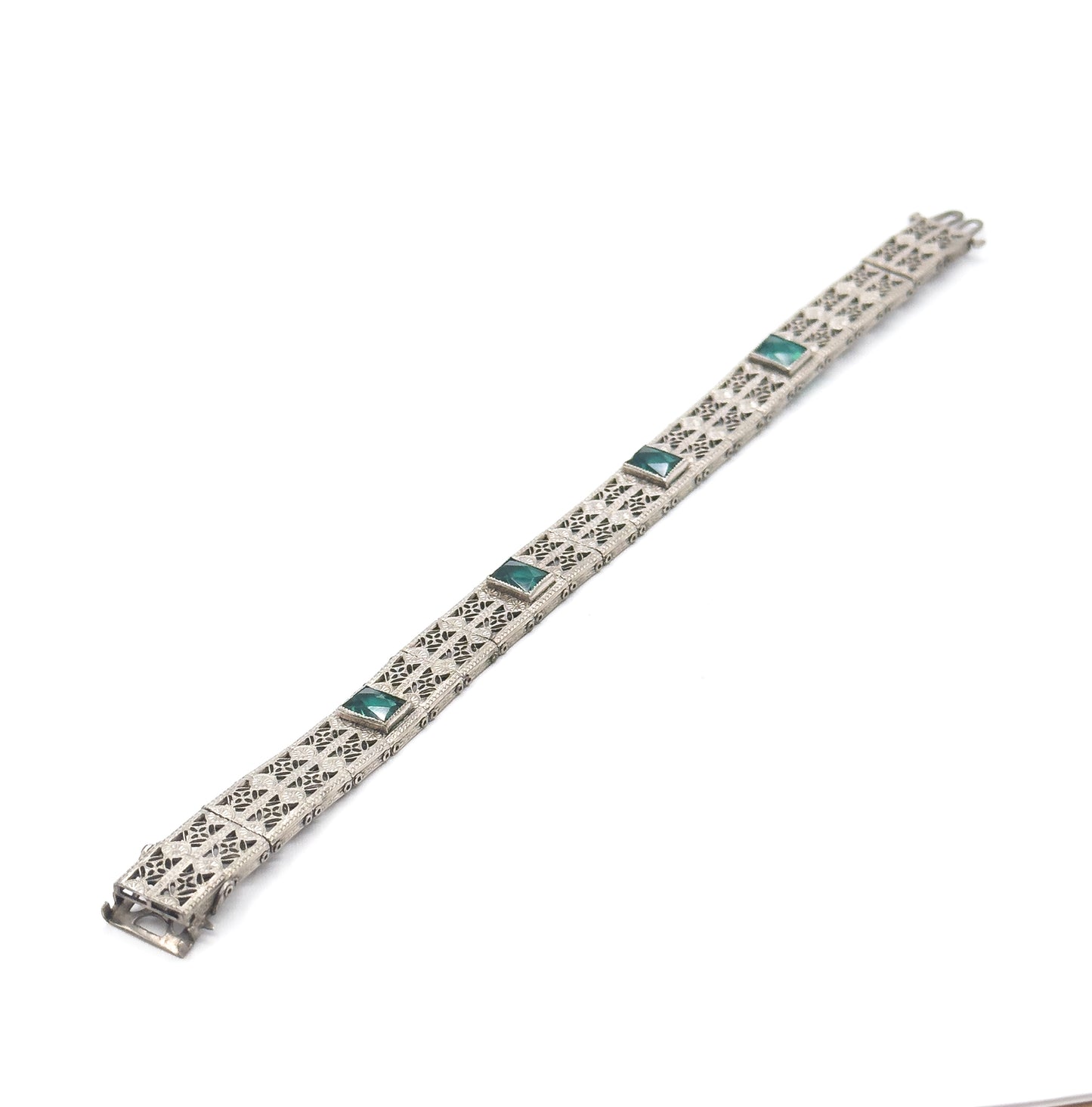 Art Deco Green Glass Filigree Bracelet in White Metal