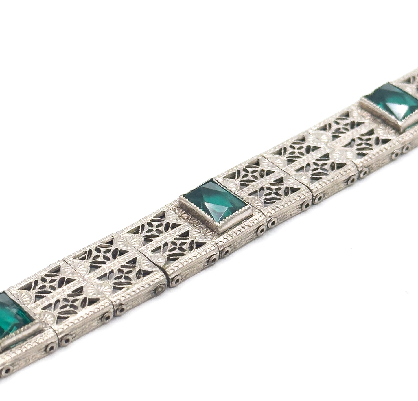 Art Deco Green Glass Filigree Bracelet in White Metal
