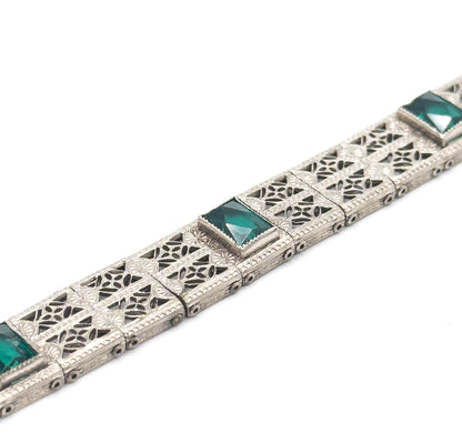 Art Deco Green Glass Filigree Bracelet in White Metal
