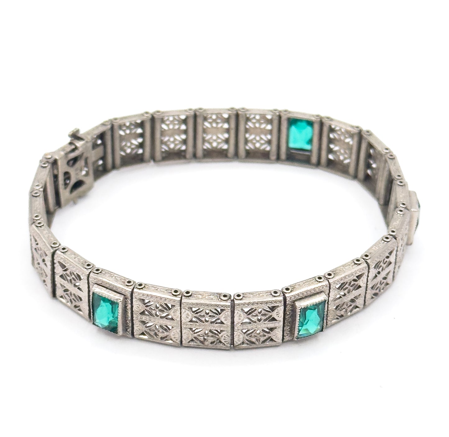 Art Deco Green Glass Filigree Bracelet in White Metal