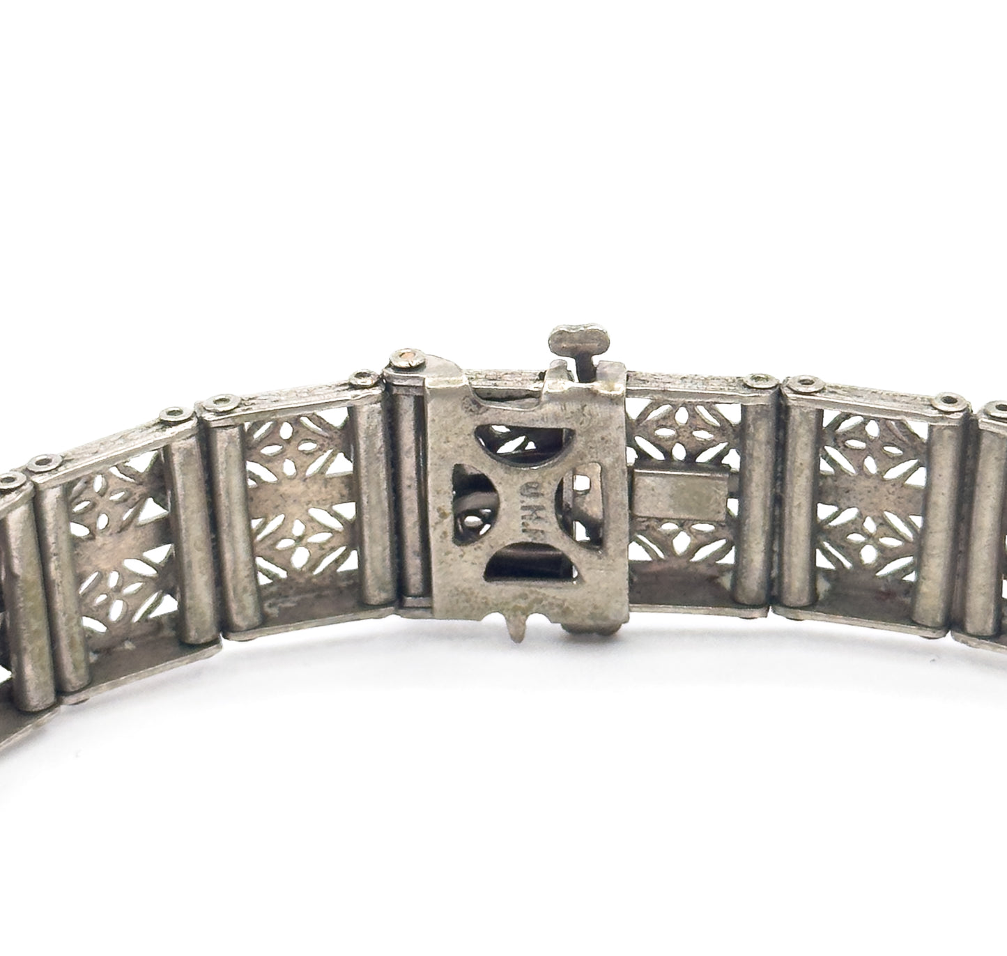 Art Deco Green Glass Filigree Bracelet in White Metal