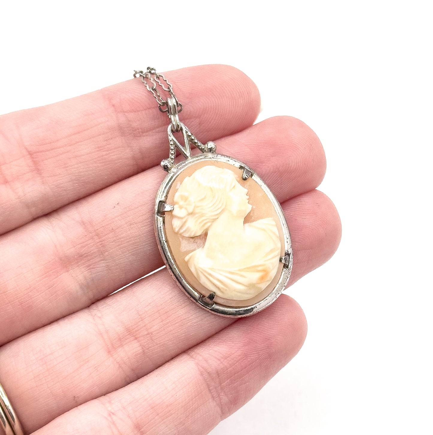 Art Deco Carved Shell Cameo Necklace in Sterling Silver