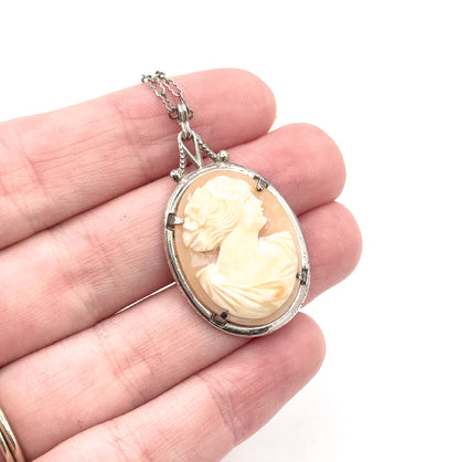 Art Deco Carved Shell Cameo Necklace in Sterling Silver