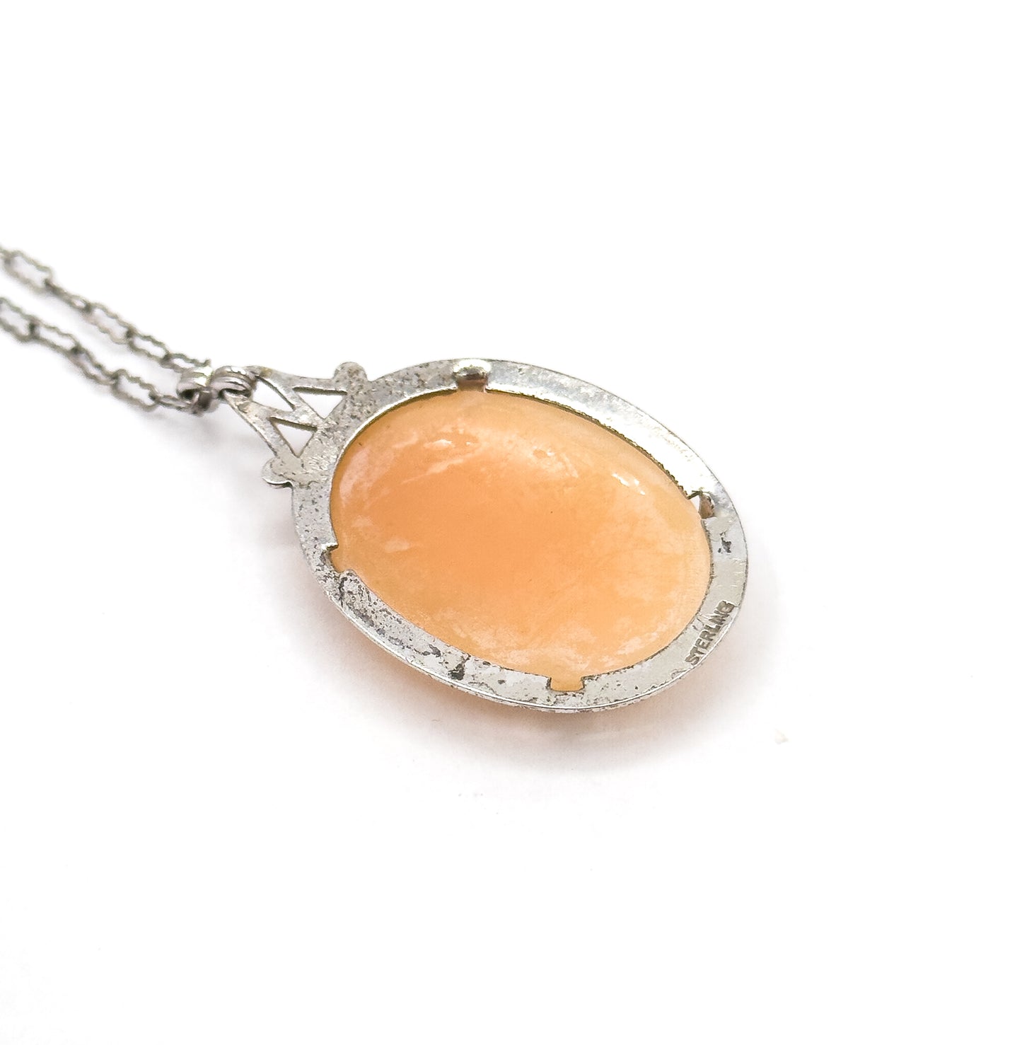 Art Deco Carved Shell Cameo Necklace in Sterling Silver