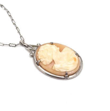 Art Deco Carved Shell Cameo Necklace in Sterling Silver
