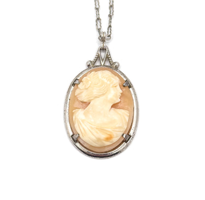 Art Deco Carved Shell Cameo Necklace in Sterling Silver