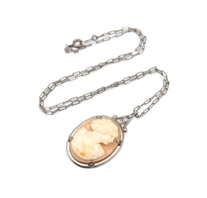 Art Deco Carved Shell Cameo Necklace in Sterling Silver
