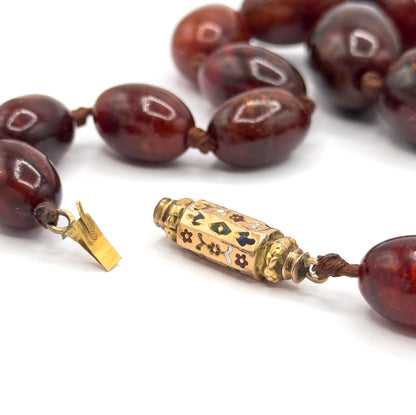 Antique Red Amber Bead Necklace in 15K Gold