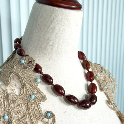 Antique Red Amber Bead Necklace in 15K Gold