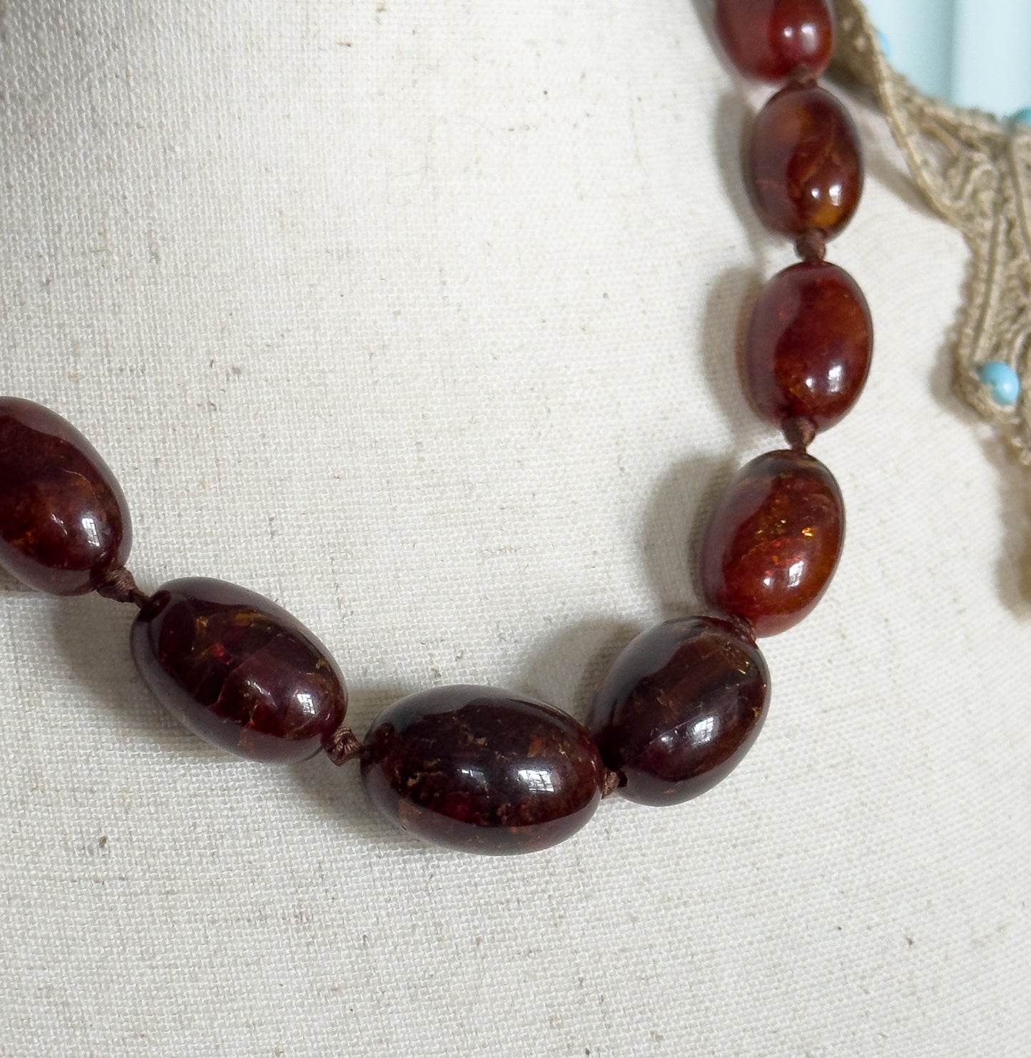 Antique Red Amber Bead Necklace in 15K Gold