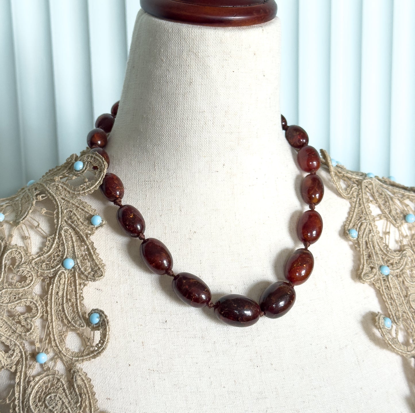 Antique Red Amber Bead Necklace in 15K Gold