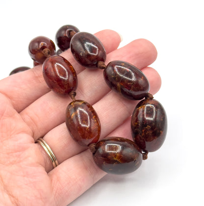 Antique Red Amber Bead Necklace in 15K Gold