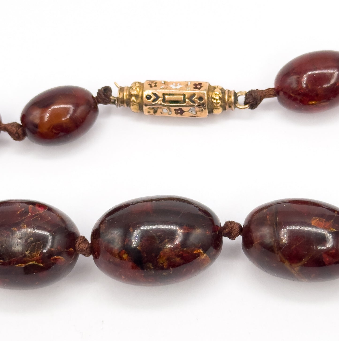 Antique Red Amber Bead Necklace in 15K Gold