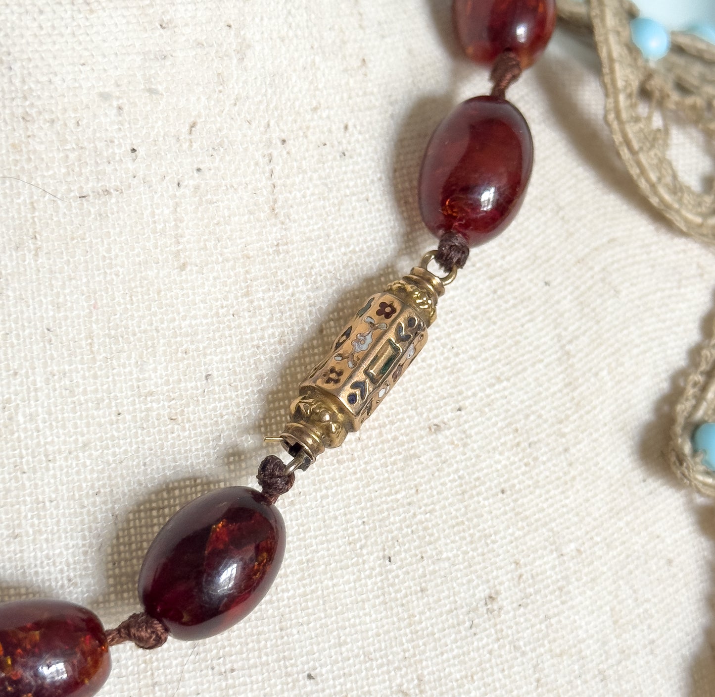 Antique Red Amber Bead Necklace in 15K Gold