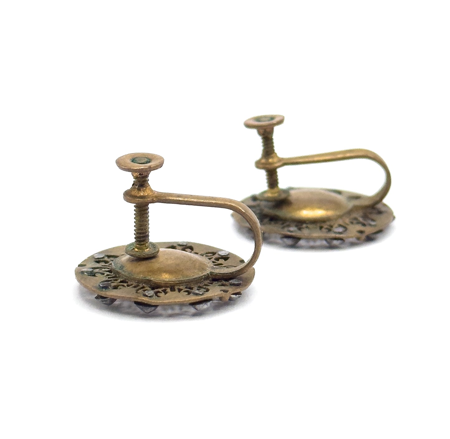 Antique Enamel & Cut Steel Screw Back Flower Earrings