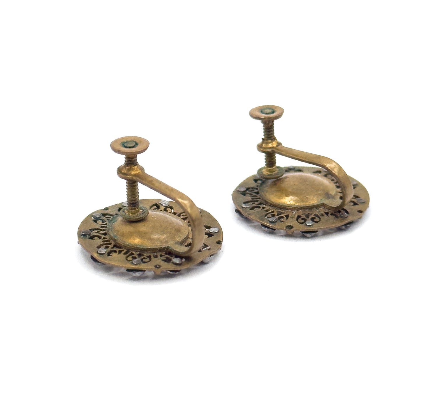 Antique Enamel & Cut Steel Screw Back Flower Earrings