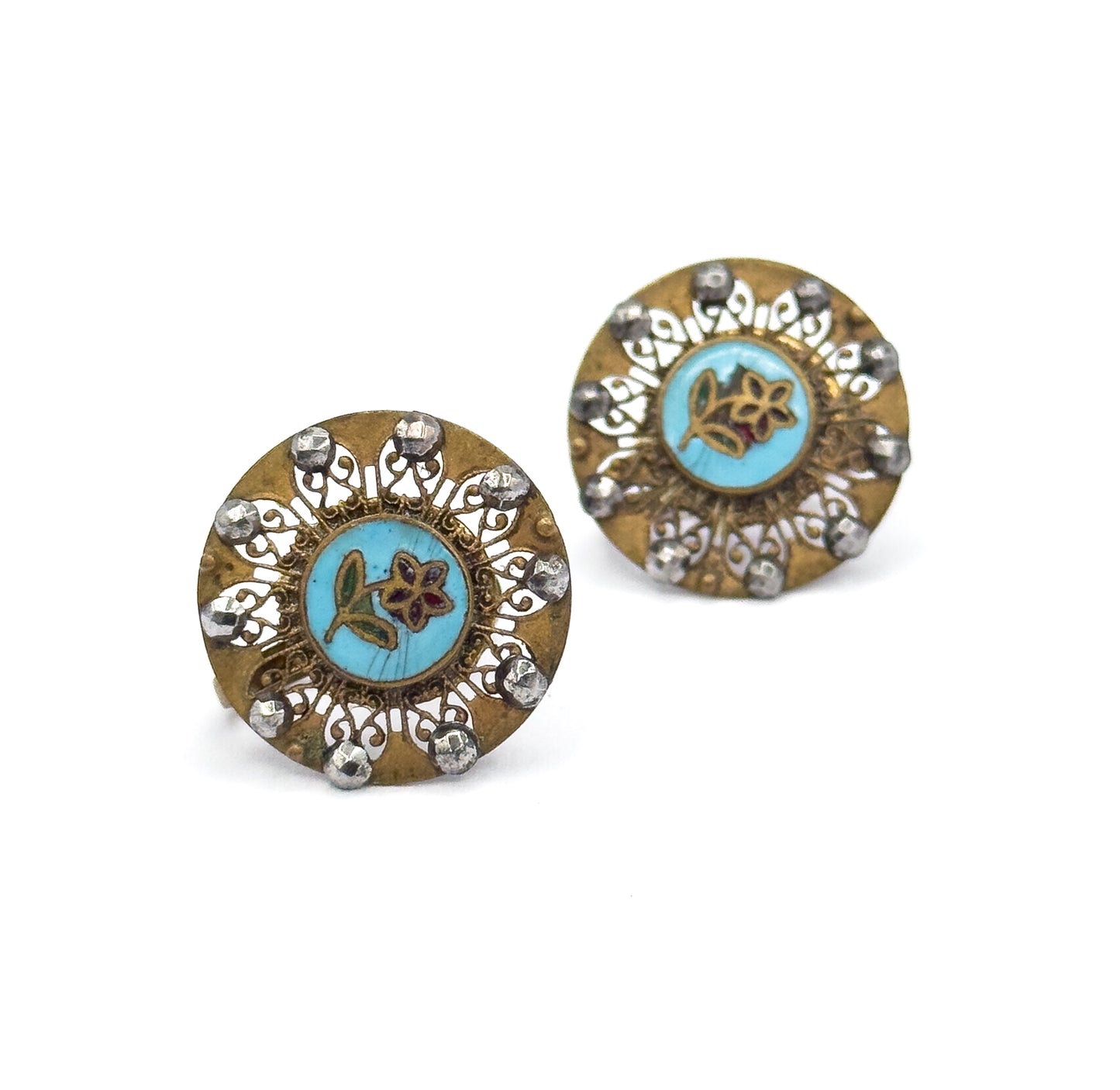 Antique Enamel & Cut Steel Screw Back Flower Earrings