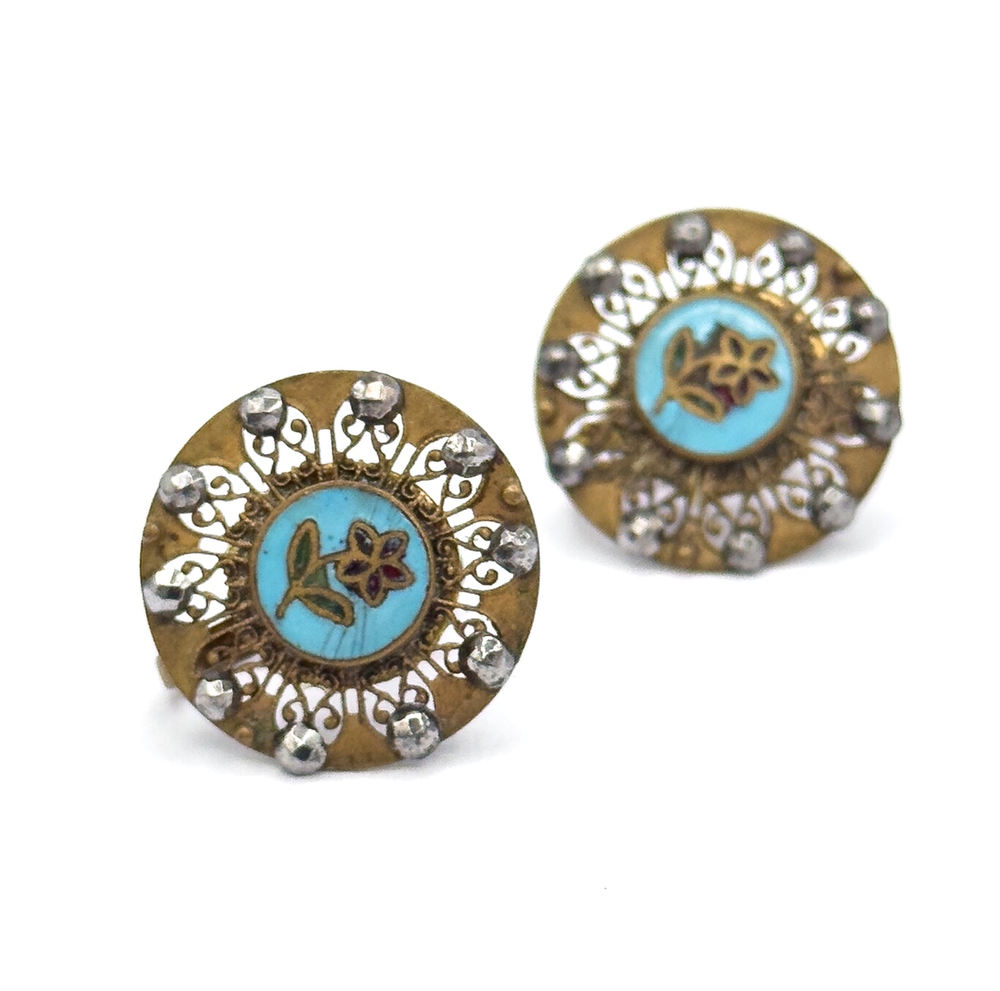 Antique Enamel & Cut Steel Screw Back Flower Earrings