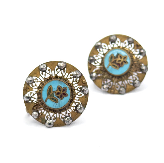 Antique Enamel & Cut Steel Screw Back Flower Earrings