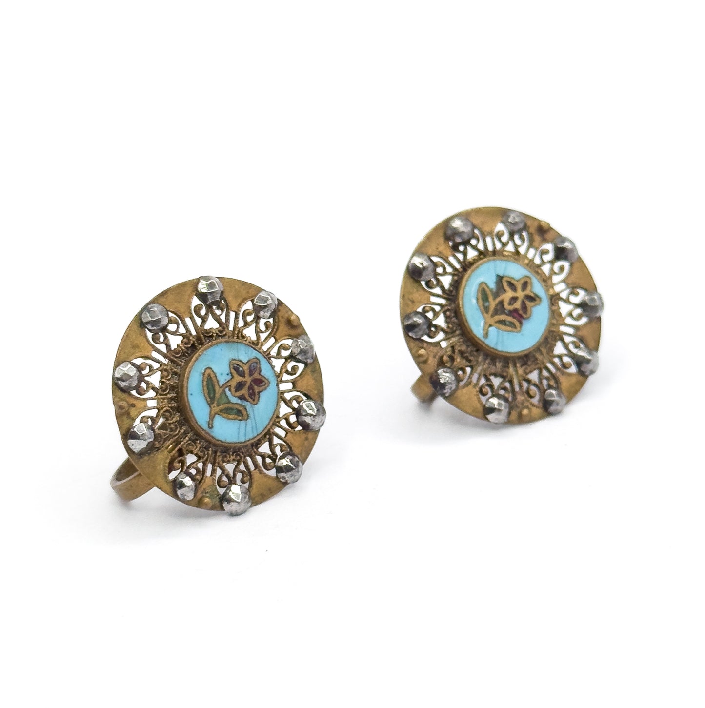 Antique Enamel & Cut Steel Screw Back Flower Earrings
