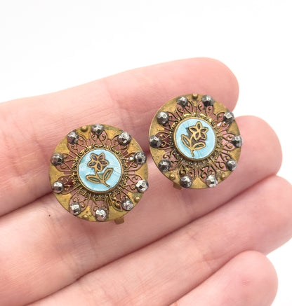 Antique Enamel & Cut Steel Screw Back Flower Earrings