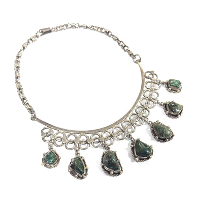 Mid-Century Green Quartz Cabochon Necklace in Sterling Silver