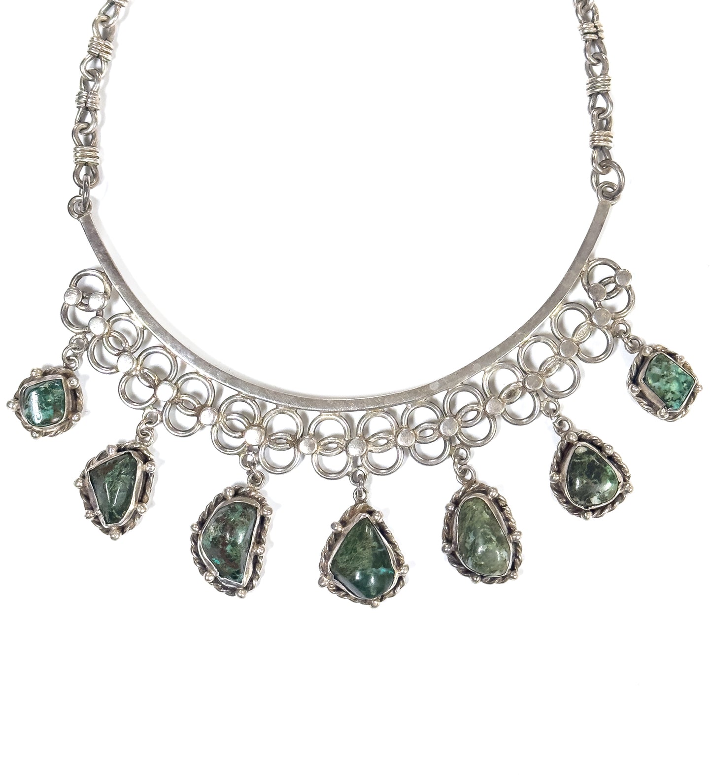 Mid-Century Green Quartz Cabochon Necklace in Sterling Silver