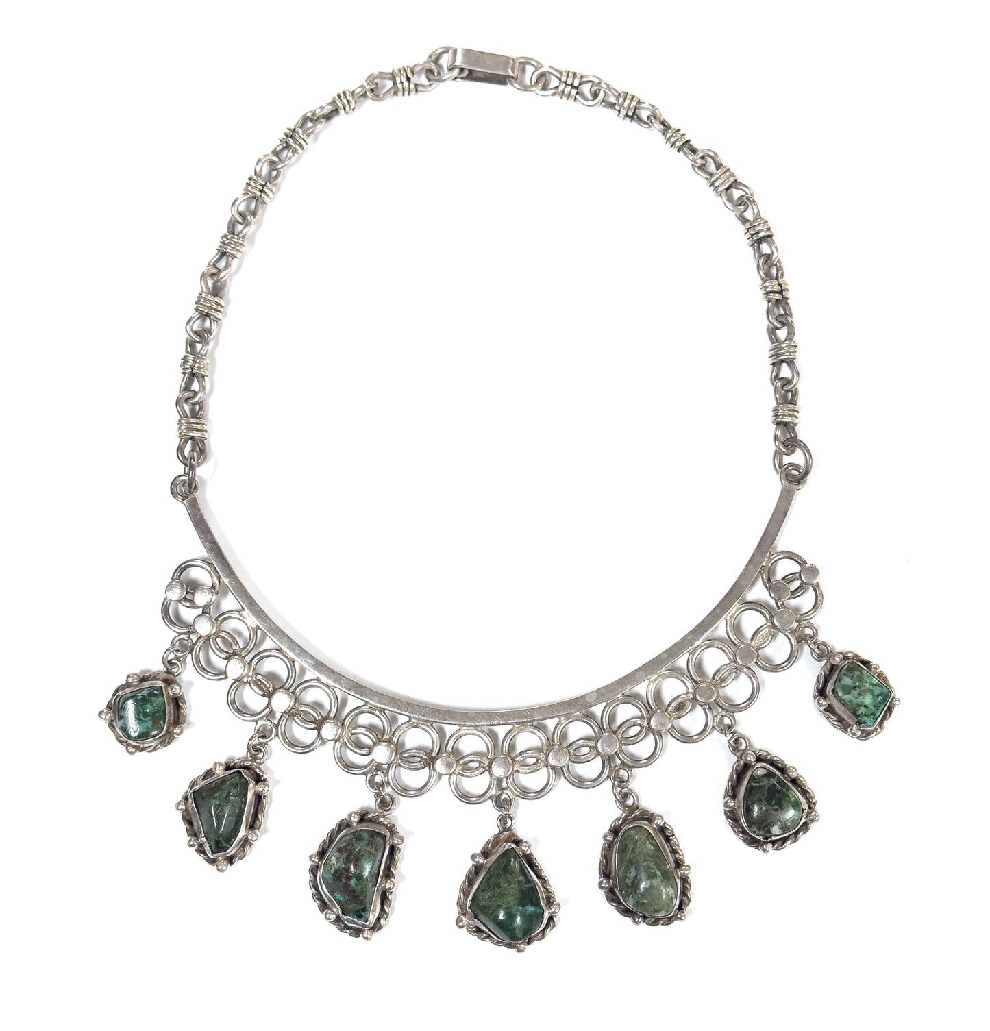 Mid-Century Green Quartz Cabochon Necklace in Sterling Silver