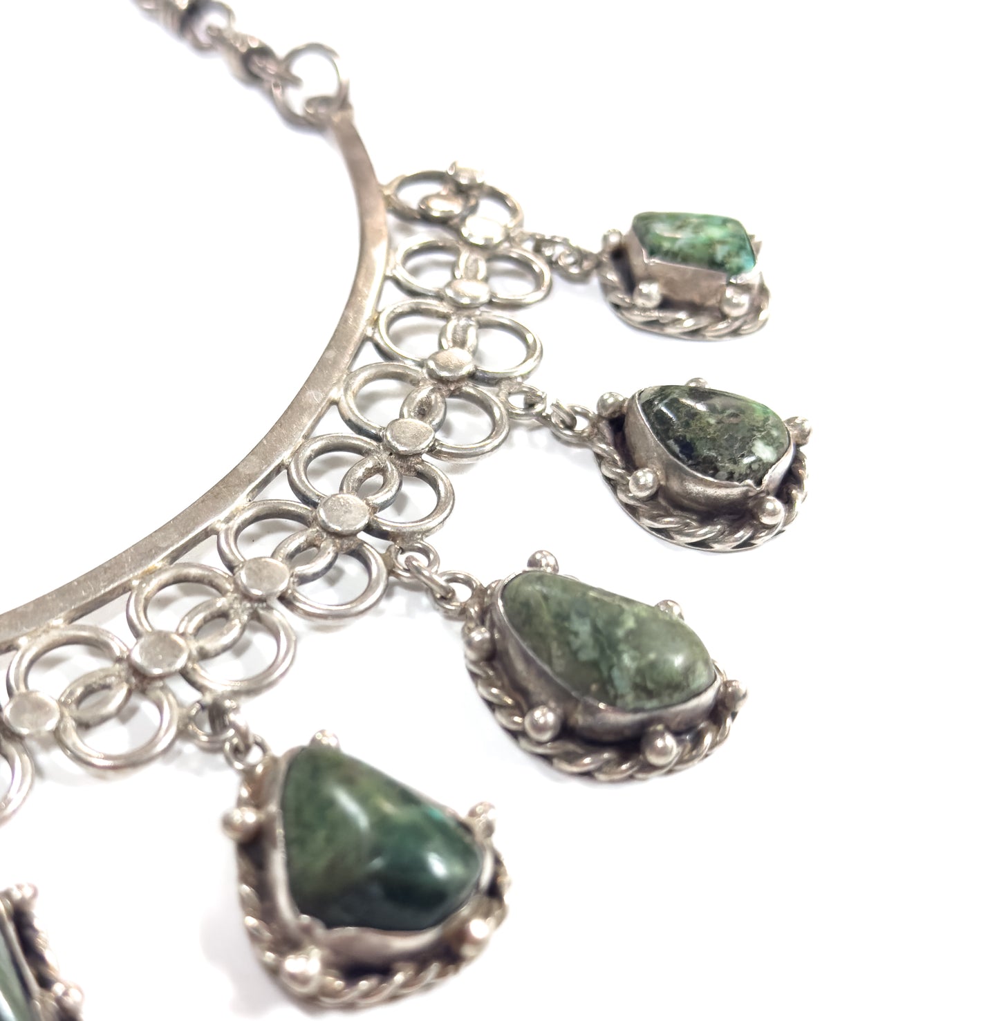 Mid-Century Green Quartz Cabochon Necklace in Sterling Silver