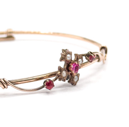 Victorian Seed Pearl & Created Ruby Floral Bracelet in Gold Fill