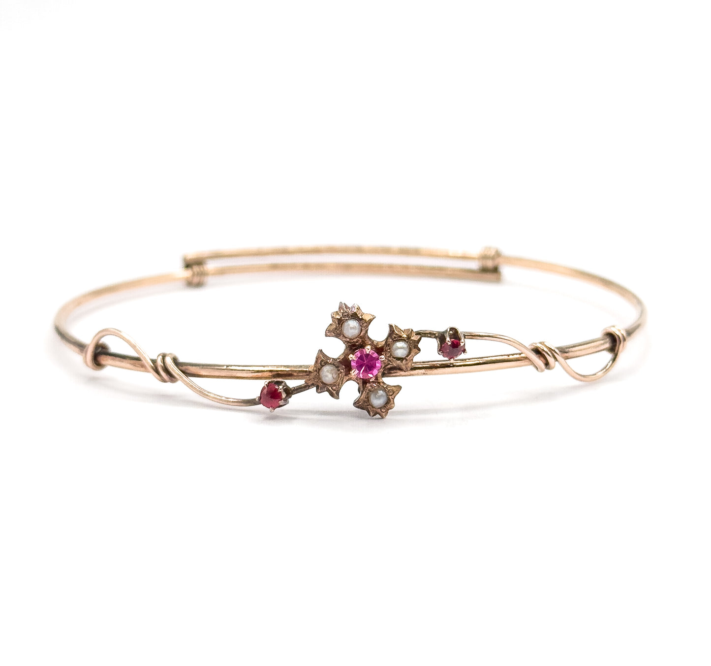 Victorian Seed Pearl & Created Ruby Floral Bracelet in Gold Fill