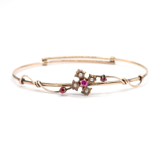 Victorian Seed Pearl & Created Ruby Floral Bracelet in Gold Fill