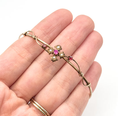 Victorian Seed Pearl & Created Ruby Floral Bracelet in Gold Fill
