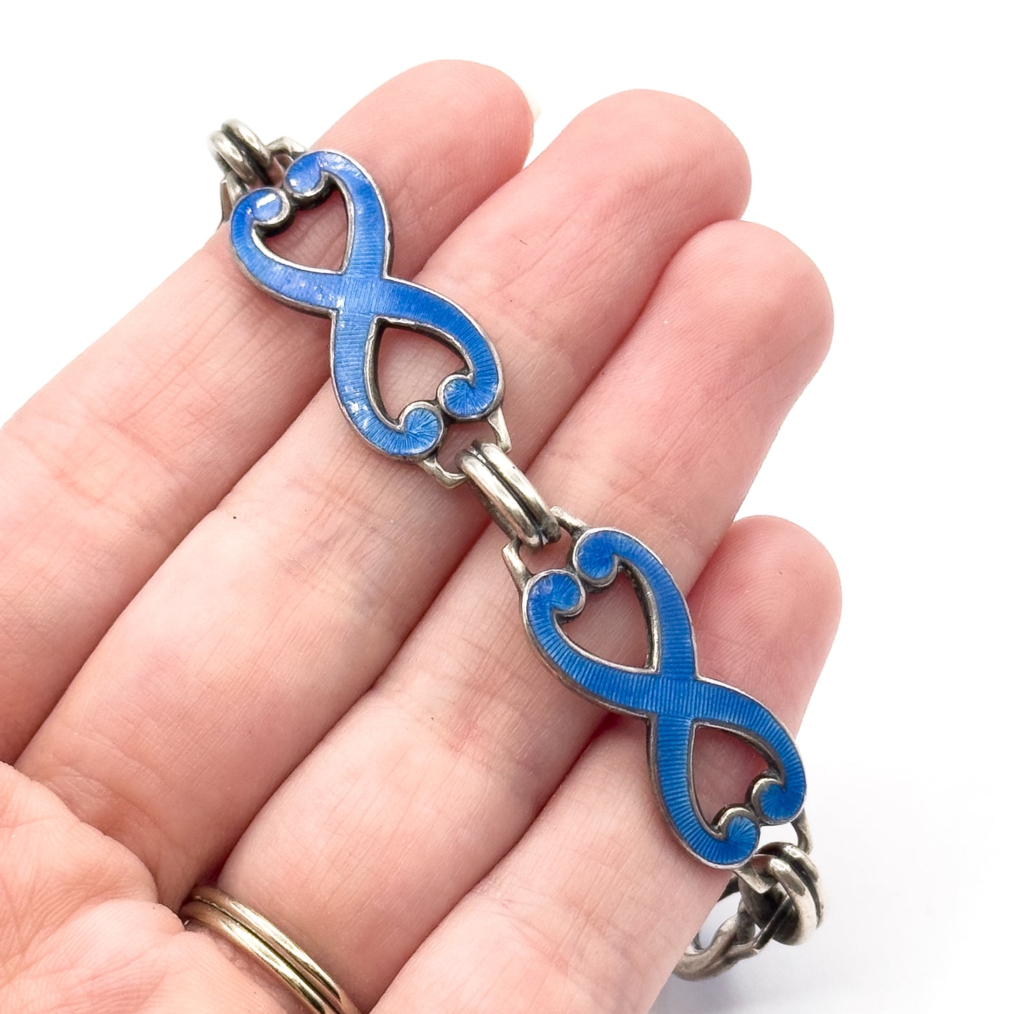 Vintage Guilloche Enamel Infinity Link Bracelet in Sterling Silver