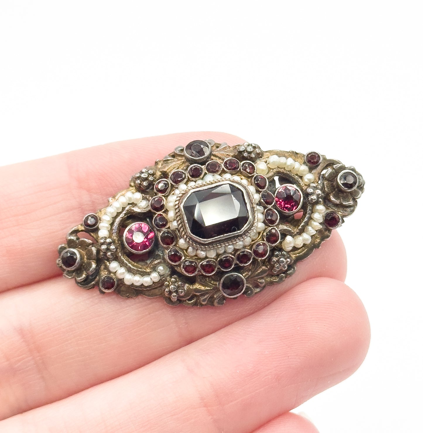 Austro Hungarian Garnet, Paste & Seed Pearl Brooch in Gilt Silver