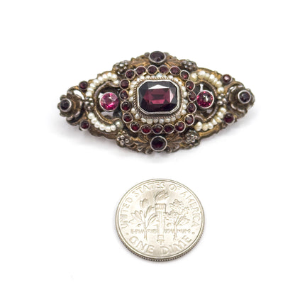 Austro Hungarian Garnet, Paste & Seed Pearl Brooch in Gilt Silver