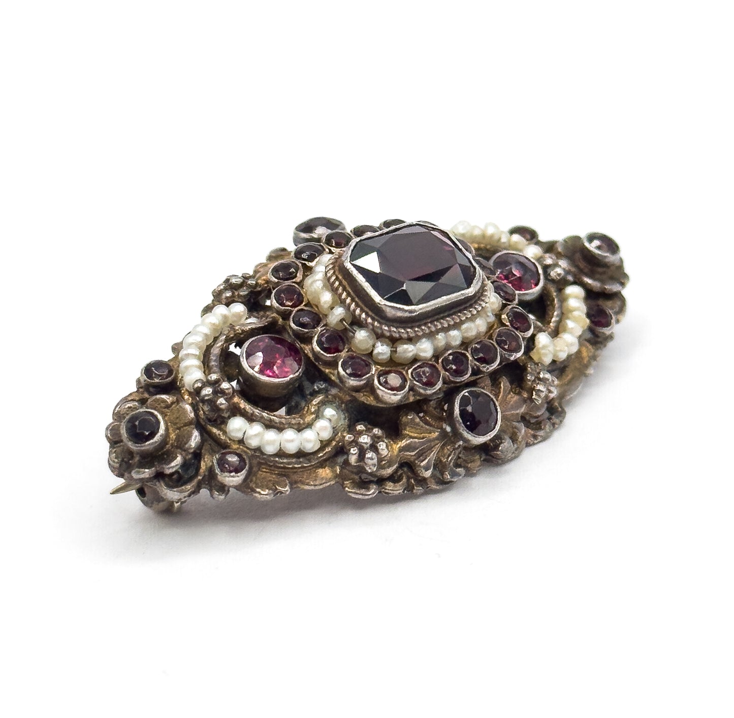 Austro Hungarian Garnet, Paste & Seed Pearl Brooch in Gilt Silver