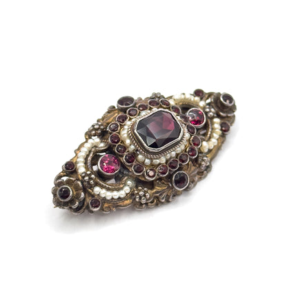 Austro Hungarian Garnet, Paste & Seed Pearl Brooch in Gilt Silver