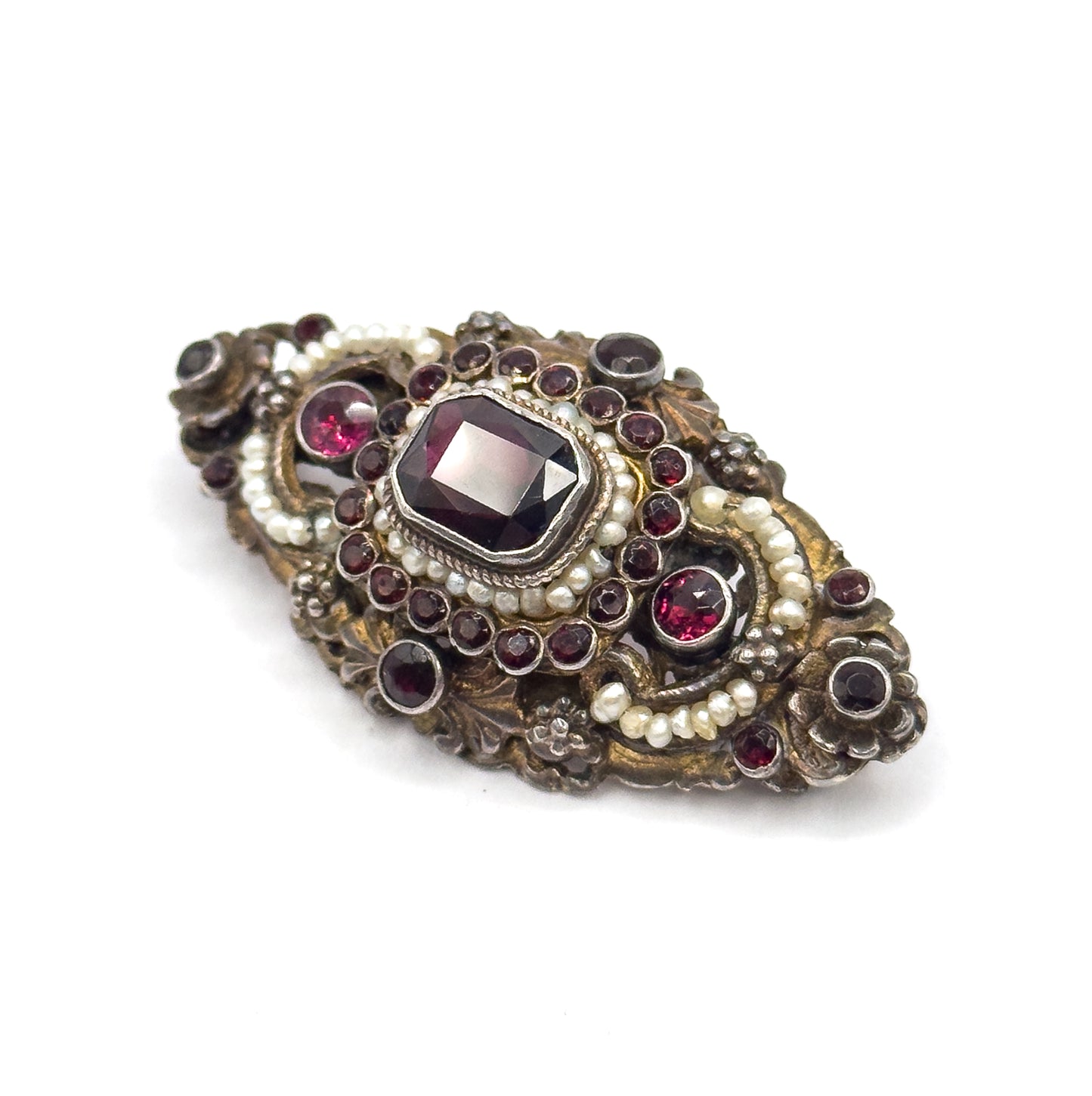 Austro Hungarian Garnet, Paste & Seed Pearl Brooch in Gilt Silver