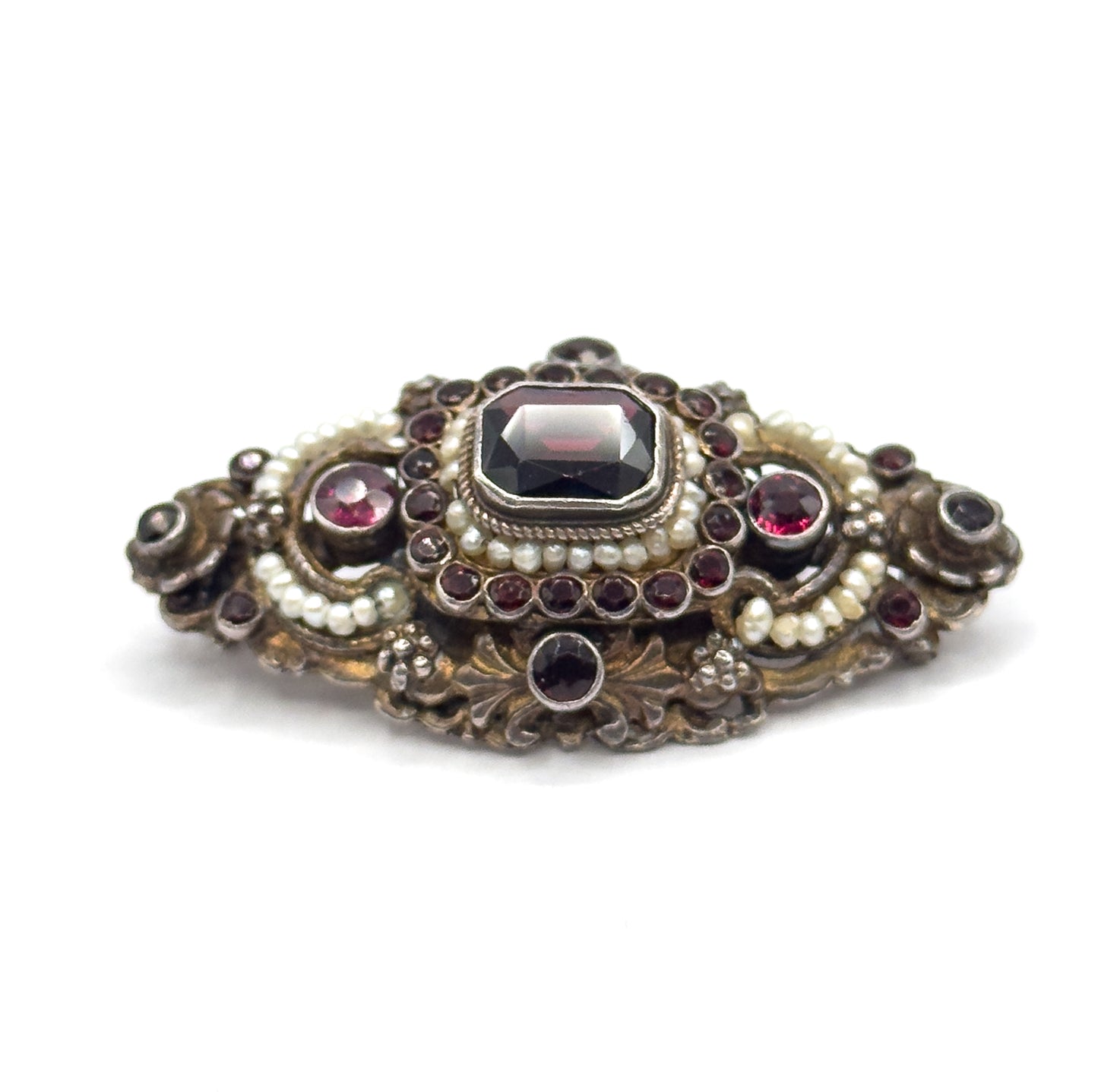 Austro Hungarian Garnet, Paste & Seed Pearl Brooch in Gilt Silver