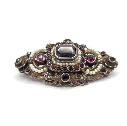 Austro Hungarian Garnet, Paste & Seed Pearl Brooch in Gilt Silver