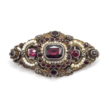 Austro Hungarian Garnet, Paste & Seed Pearl Brooch in Gilt Silver